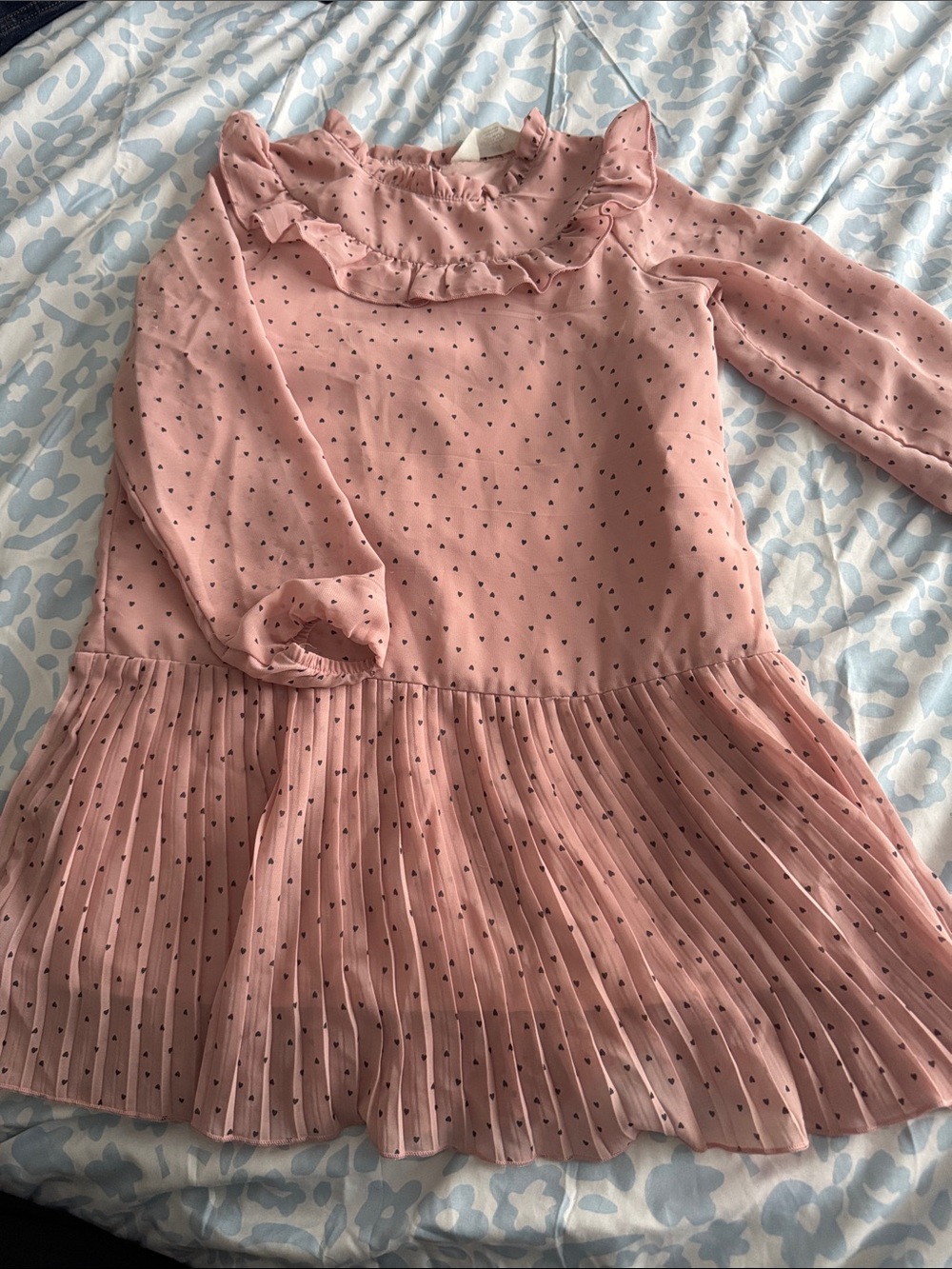 H&M Pink Long-Sleeve Ruffle Neck Pleated Hem Dress